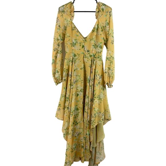 Sau Lee Georgia Long Sleeve V-Neck Floral Asymmetrical Hem Midi Dress Yellow-2 - Picture 8 of 9